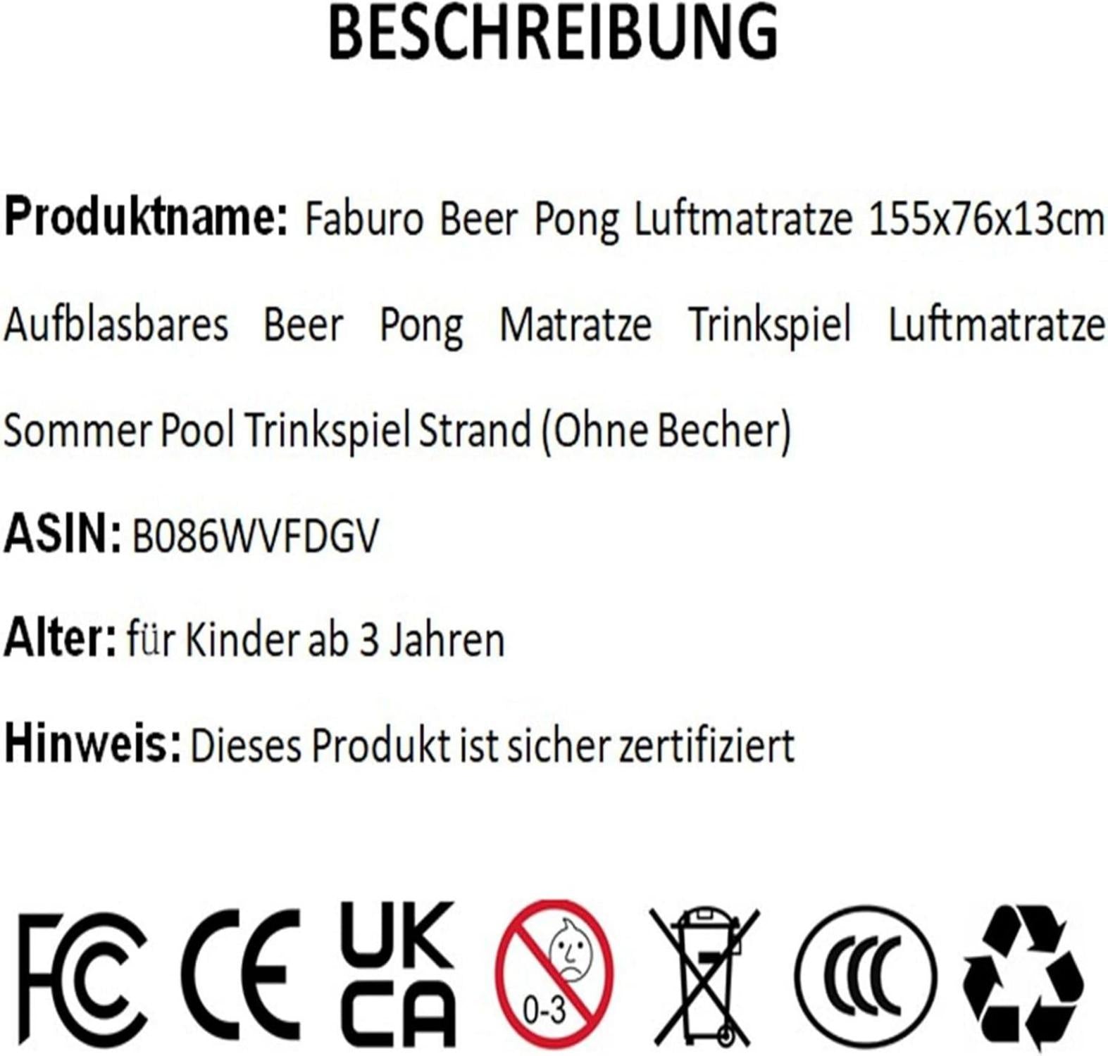 Faburo Aufblasbare Bierpong Luftmatratze 155x76cm für Pool Party