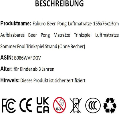 Faburo Aufblasbare Bierpong Luftmatratze 155x76cm für Pool Party