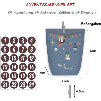 Adventskalender Papiertüten zum Selber Basteln Blau 24er Set