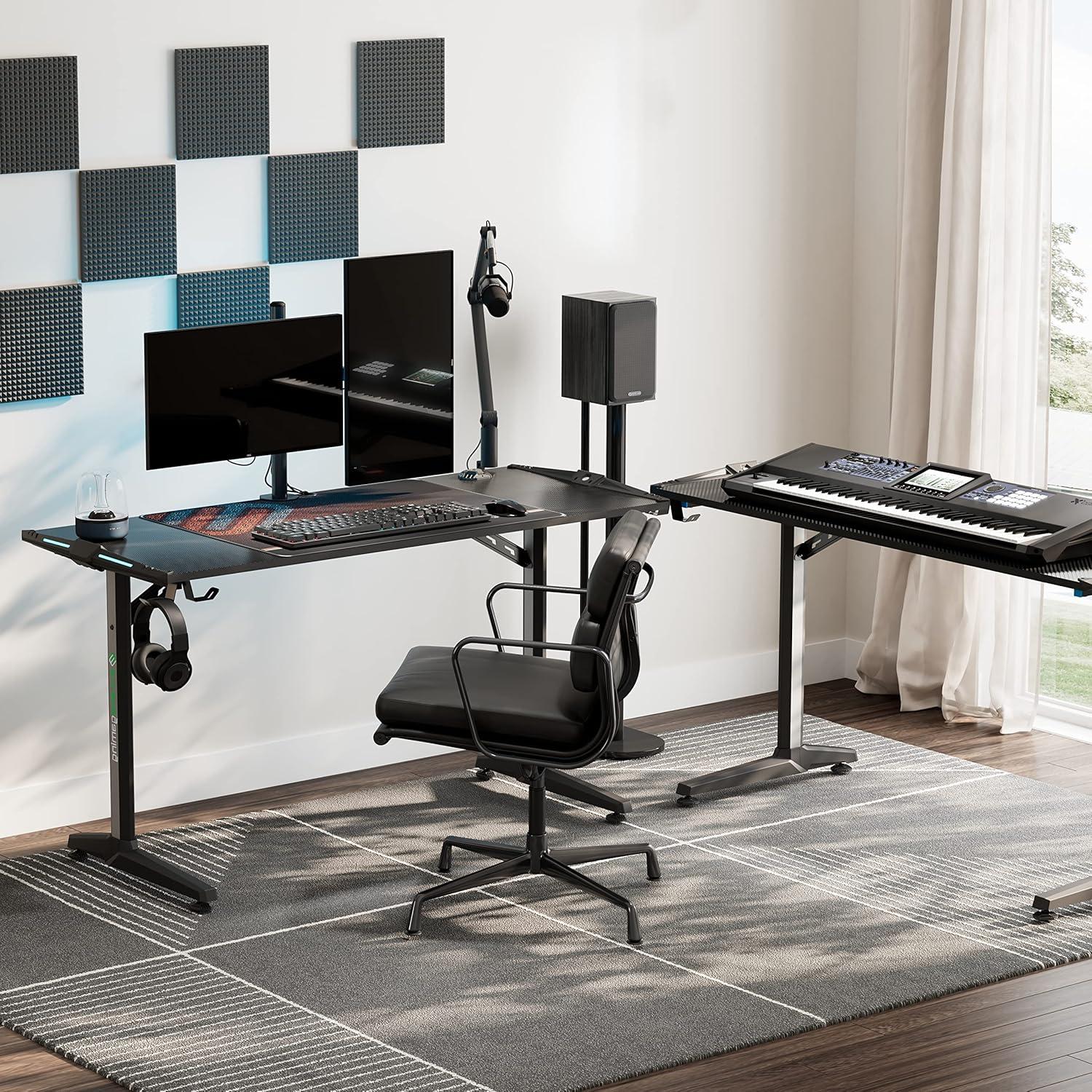 Gaming Tisch LED Groß Gamer 140x60 cm Schreibtisch PC Kabelmanagement Schwarz