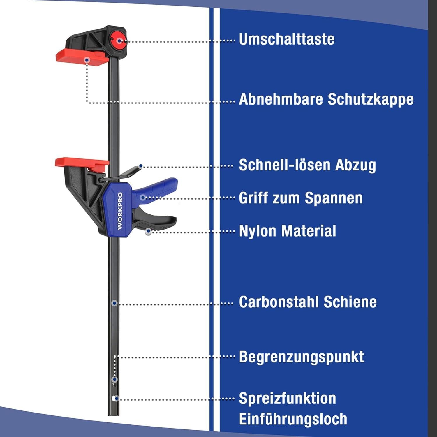 WORKPRO Einhandzwingen Set 2 Stück 305mm Spannweite 68kg Spannkraft