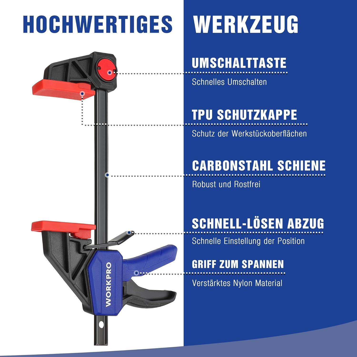 WORKPRO Einhandzwingen Set 2-in-1 150mm Spannweite 68kg Spannkraft Blau