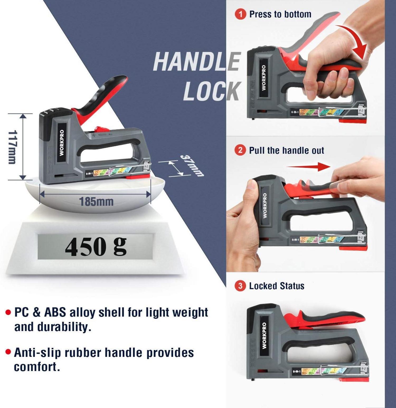 WORKPRO Profi Handtacker Set Heavy Duty 6-in-1 mit 4000 Klammern Nägel T20 einstellbare Schusskraft