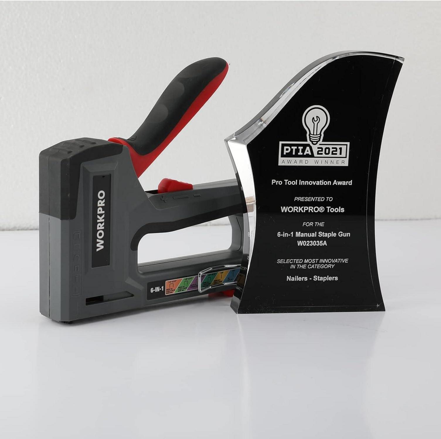 WORKPRO Profi Handtacker Set Heavy Duty 6-in-1 mit 4000 Klammern Nägel T20 einstellbare Schusskraft