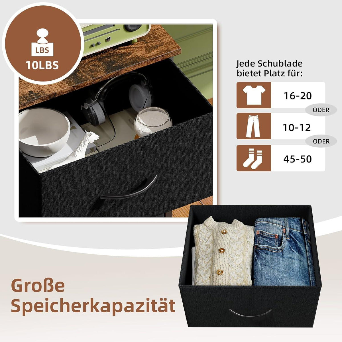 Somdot Kommode mit 4 Stoffschubladen, Rustikales Braun