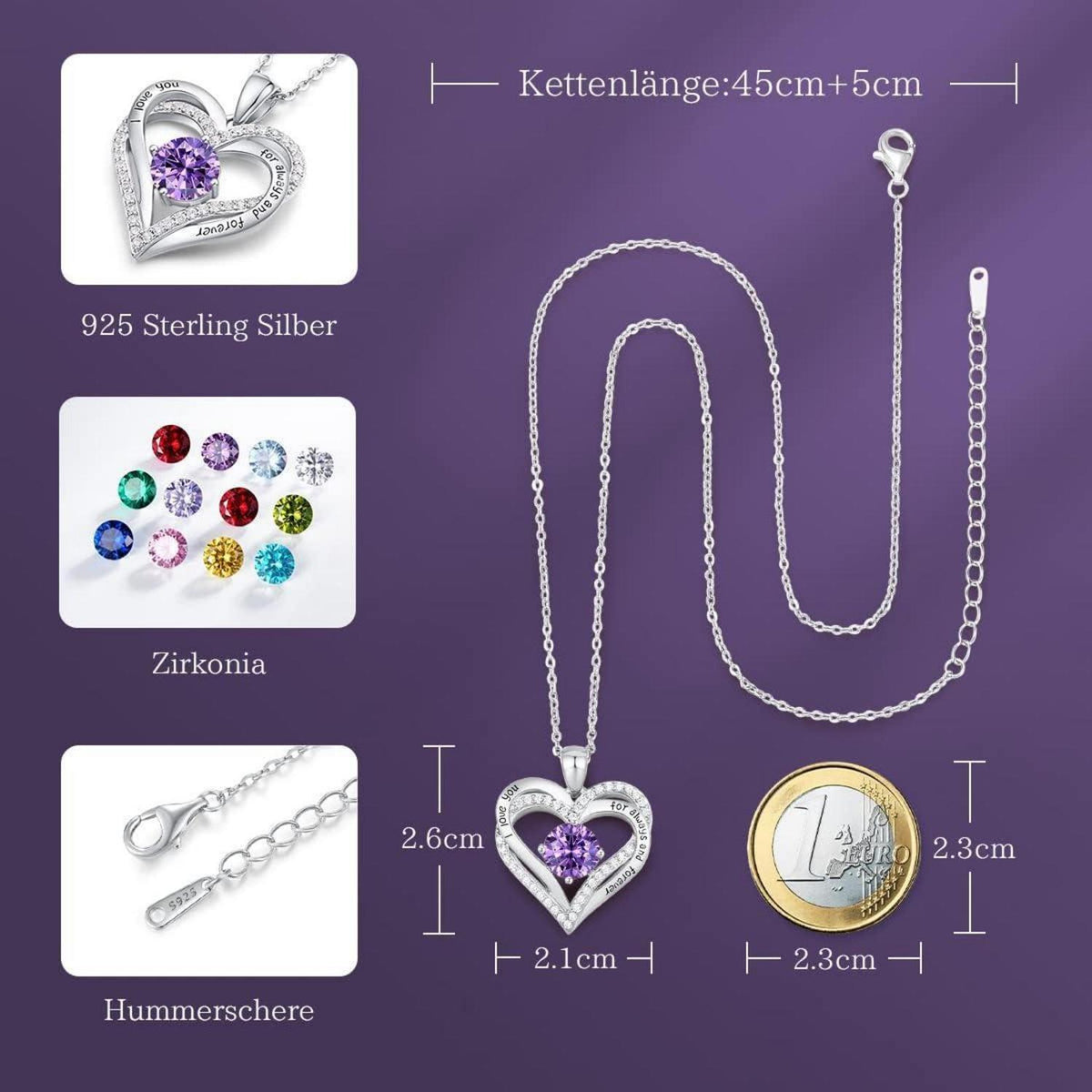 Herz Halskette 925 Sterling Silber Rosegold mit Zirkonia Geburtsstein
