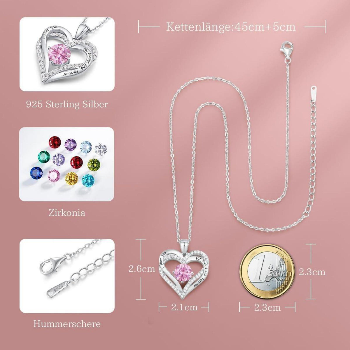 Sterling Silber Herz Halskette mit Zirkonia und Geburtsstein