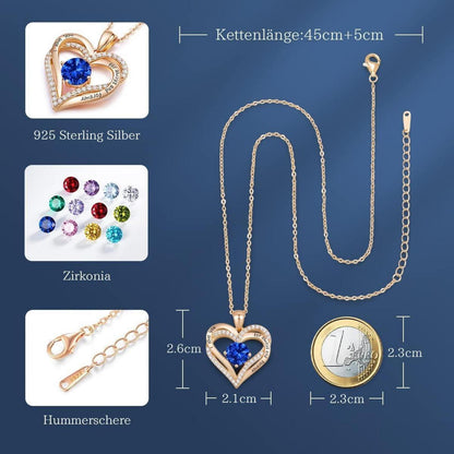 Herz Halskette 925 Sterling Silber Roségold mit Zirkonia und Geburtsstein
