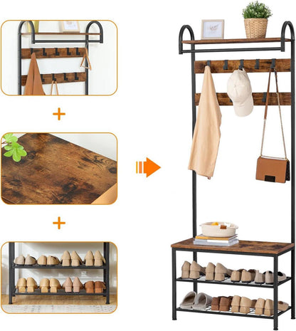 HOOBRO Garderobe mit Schuhregal und Sitzbank, 182 cm hoch, vintagebraun-schwarz