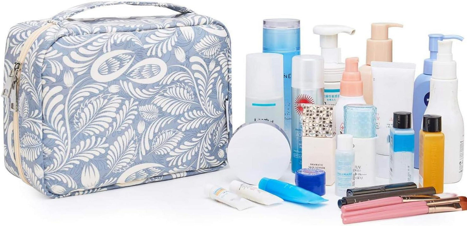 Kulturtasche Damen Groß Aufhängbar Wasserdicht Blaues Blatt