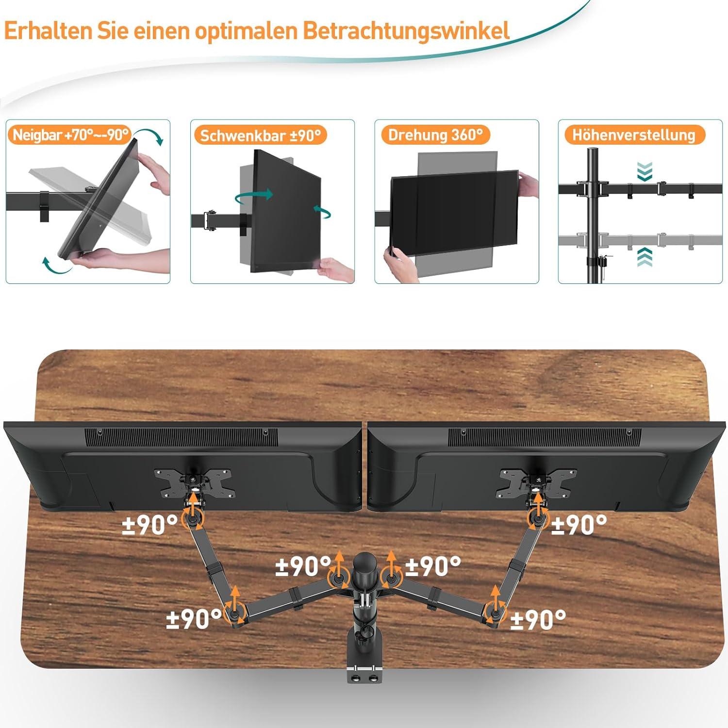 Monitor Halterung für 2 Monitore 13-32 Zoll VESA 75/100, Neigbar 180° Schwenkbar 180°, Höhenverstellbar