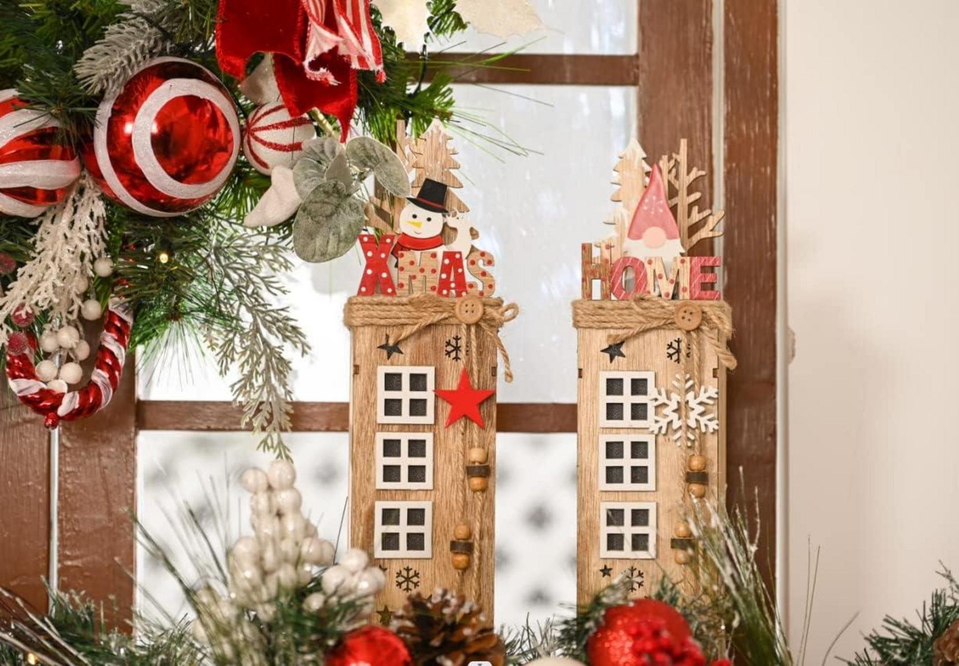 2er LED Holz Säule Weihnachtsdeko Batteriebetrieben 38.4cm