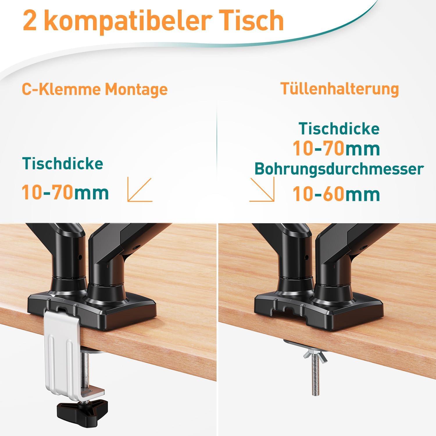 Monitor Halterung Gasdruckfeder 2 Monitore 13-32 Zoll VESA 75/100, neigbar 180° schwenkbar 180°, drehbar 360°, höhenverstellbar, 9kg/Arm