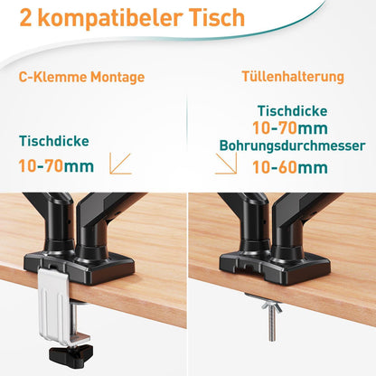 Monitor Halterung Gasdruckfeder 2 Monitore 13-32 Zoll VESA 75/100, neigbar 180° schwenkbar 180°, drehbar 360°, höhenverstellbar, 9kg/Arm