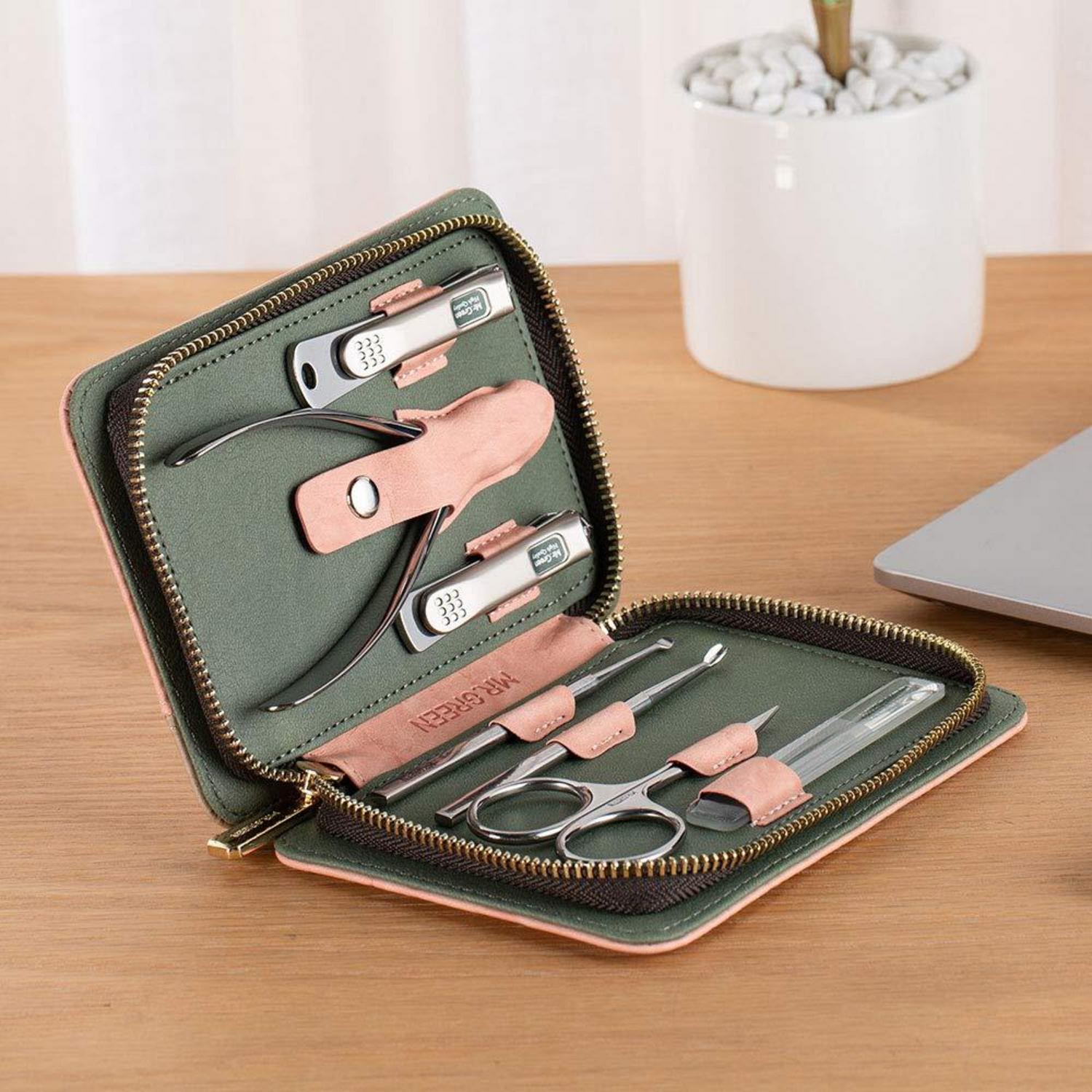Maniküre Pediküre Set 7-teilig Nagelpflege Nagelknipser Etui Ledertasche Braun Pink