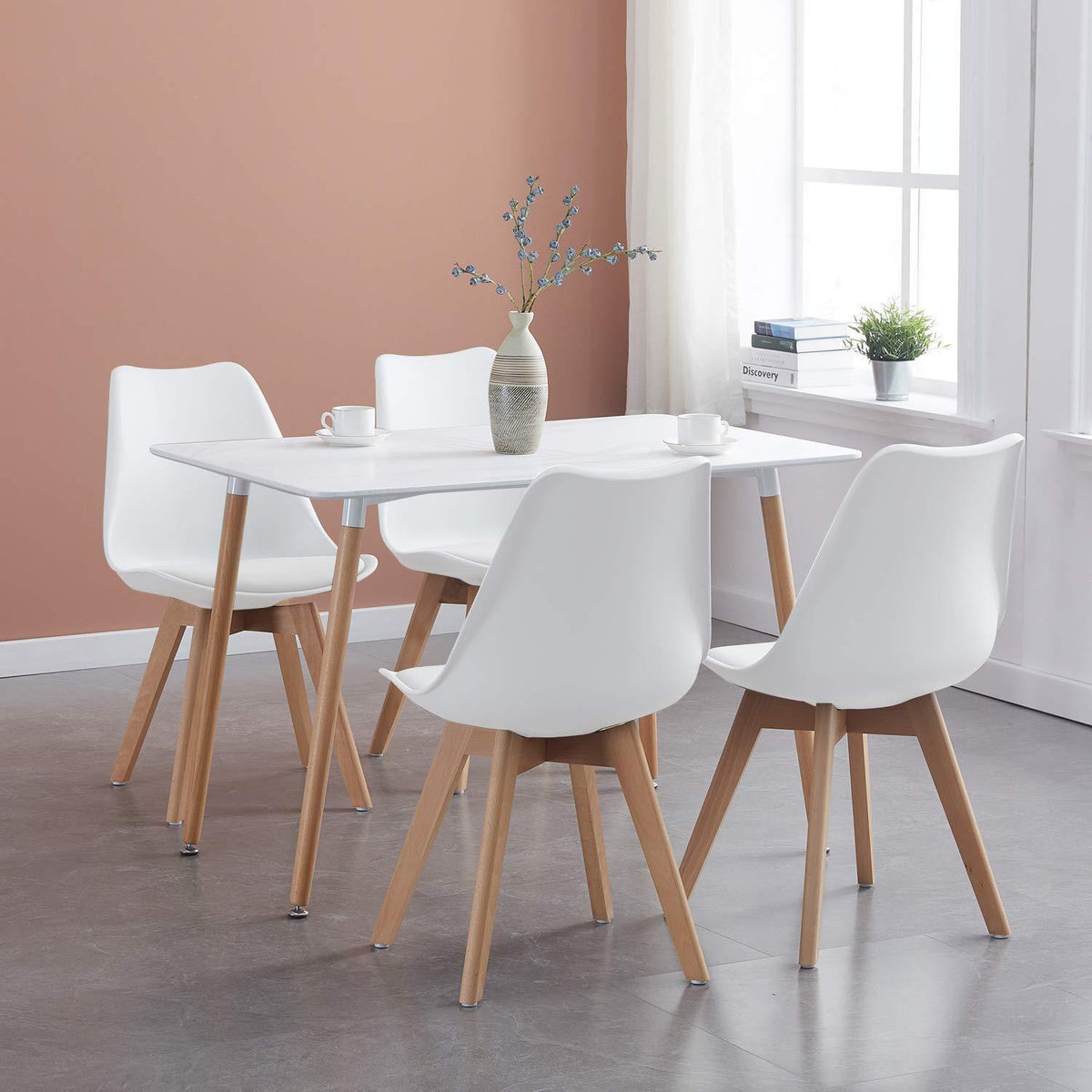 Modernes Esstisch-Set weiß mit 4 Stühlen | Holzbeine