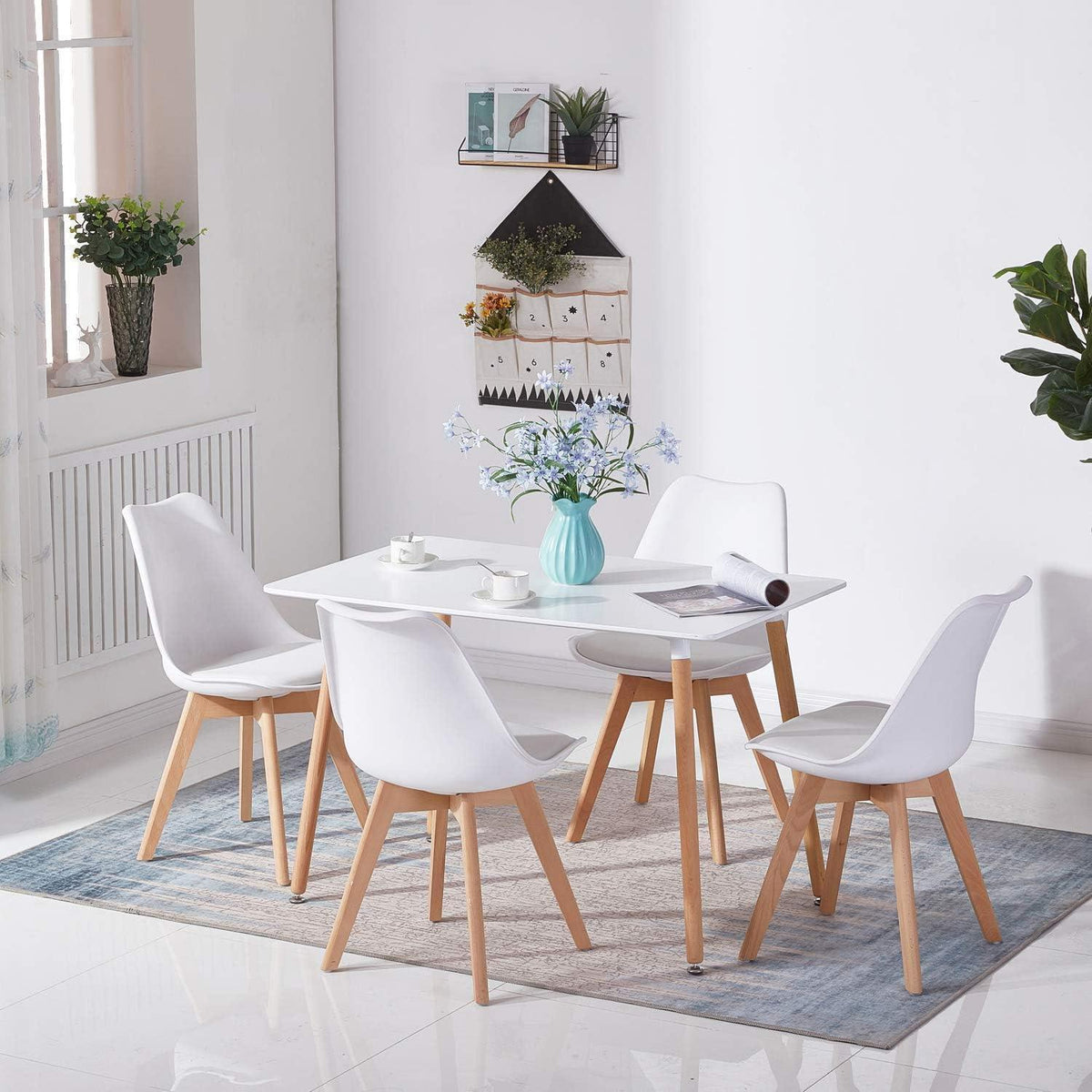Modernes Esstisch-Set weiß mit 4 Stühlen | Holzbeine