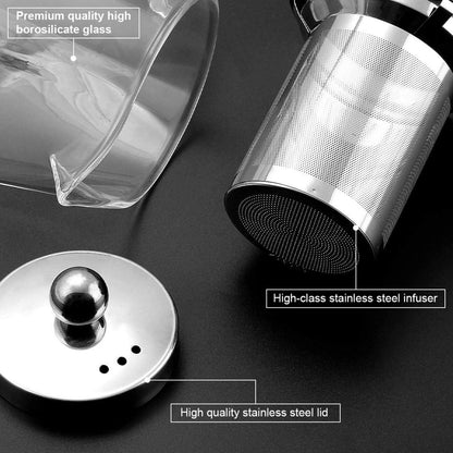 Teekanne Glas mit Siebeinsatz 500ml Eckig Edelstahl Borosilikatglas