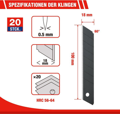 Cuttermesser Set 18mm SK5 20 Ersatzklingen Gummigriff Papier