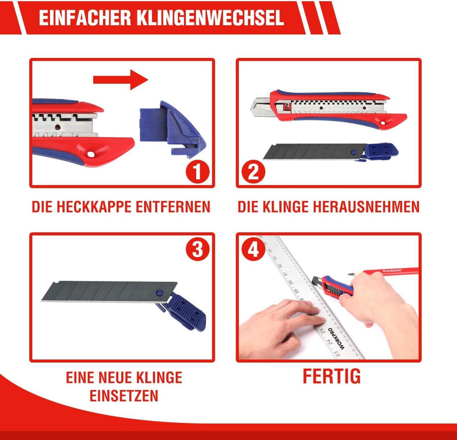 WORKPRO 5-teiliges Cuttermesser Set mit 20 Ersatzklingen SK5 18mm Abbrechklinge Gummigriff