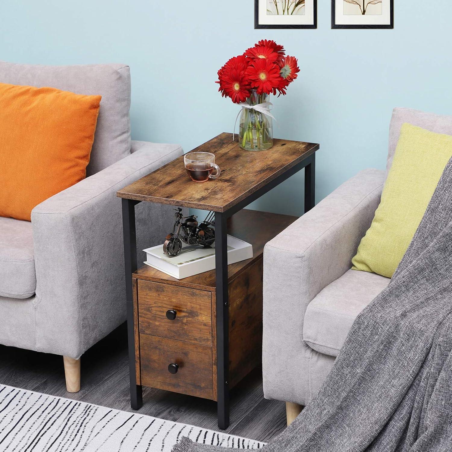 HOOBRO Beistelltisch mit 2 Schubladen Vintage Industrial