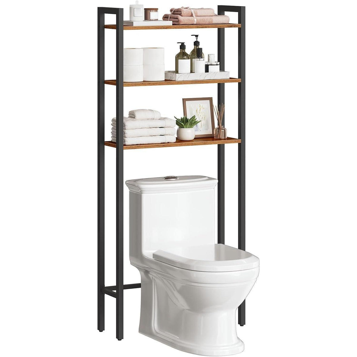 3-stöckiges Toilettenregal, platzsparend, Vintagebraun-Schwarz