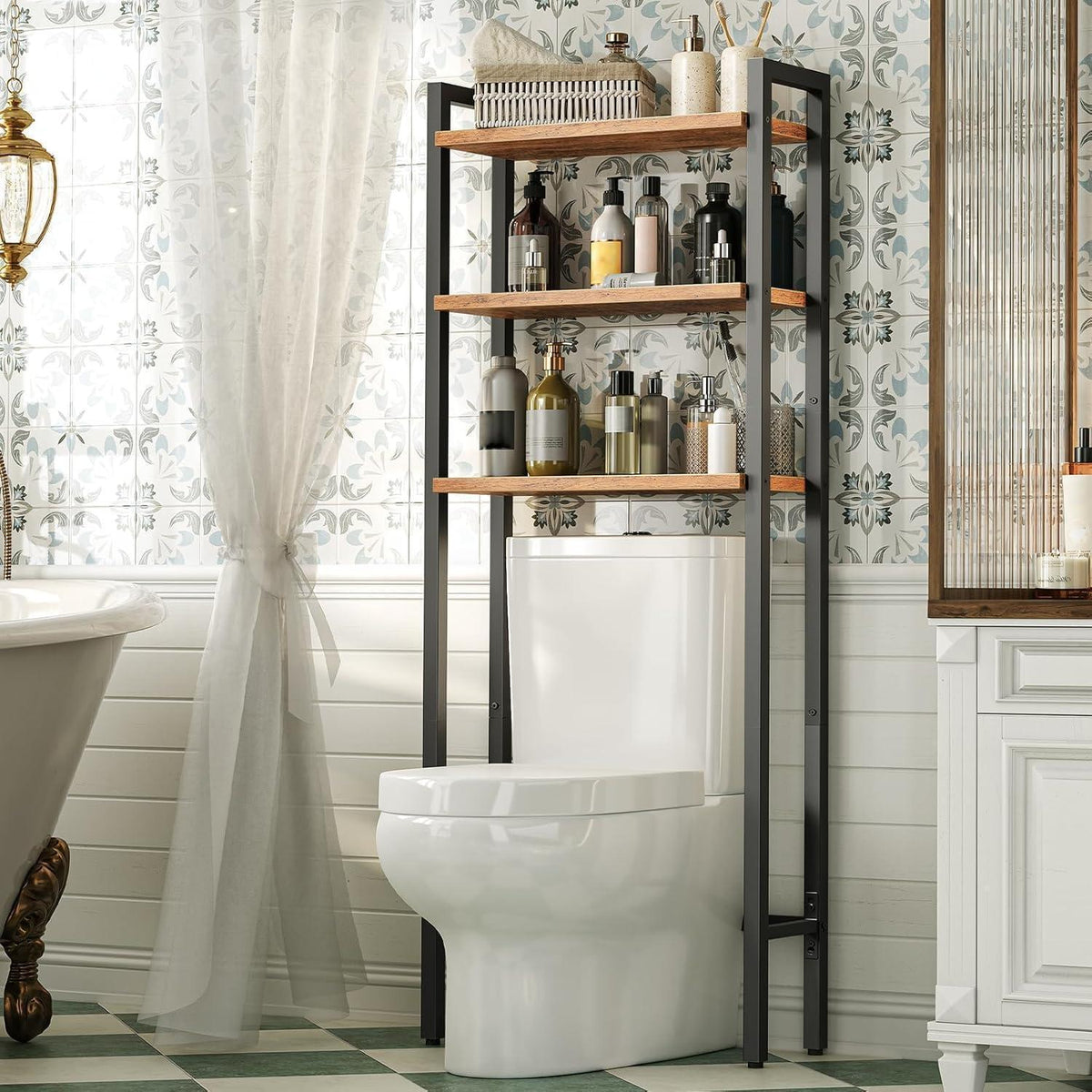 3-stöckiges Toilettenregal, platzsparend, Vintagebraun-Schwarz