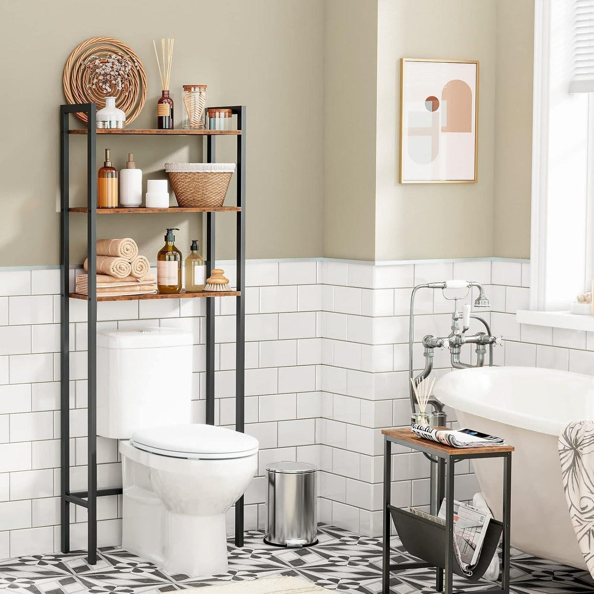 3-stöckiges Toilettenregal, platzsparend, Vintagebraun-Schwarz