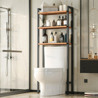 3-stöckiges Toilettenregal, platzsparend, Vintagebraun-Schwarz