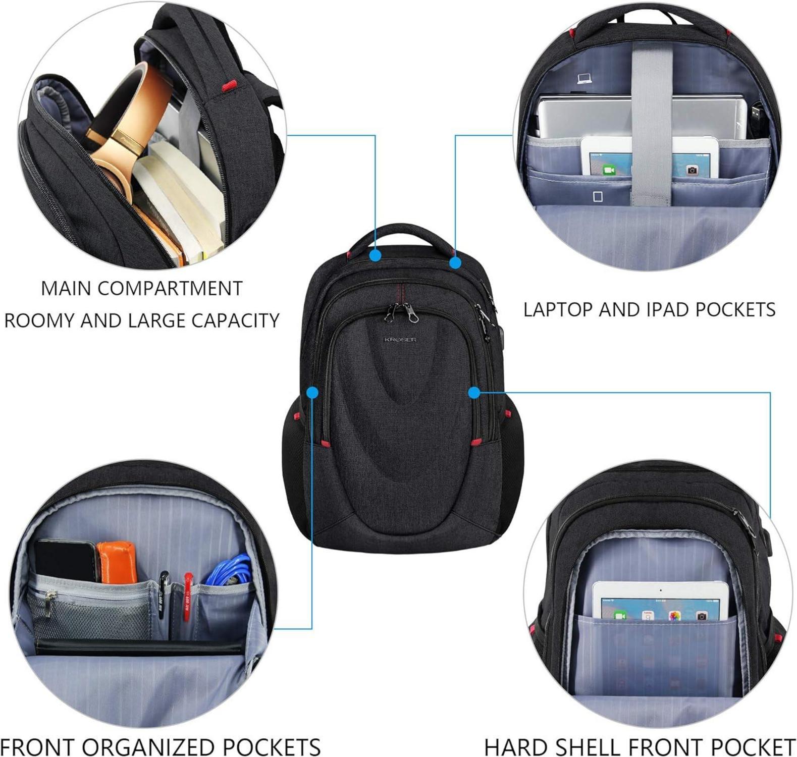 KROSER Laptop Rucksack 15,6 Zoll RFID USB Daypack Wasserfest