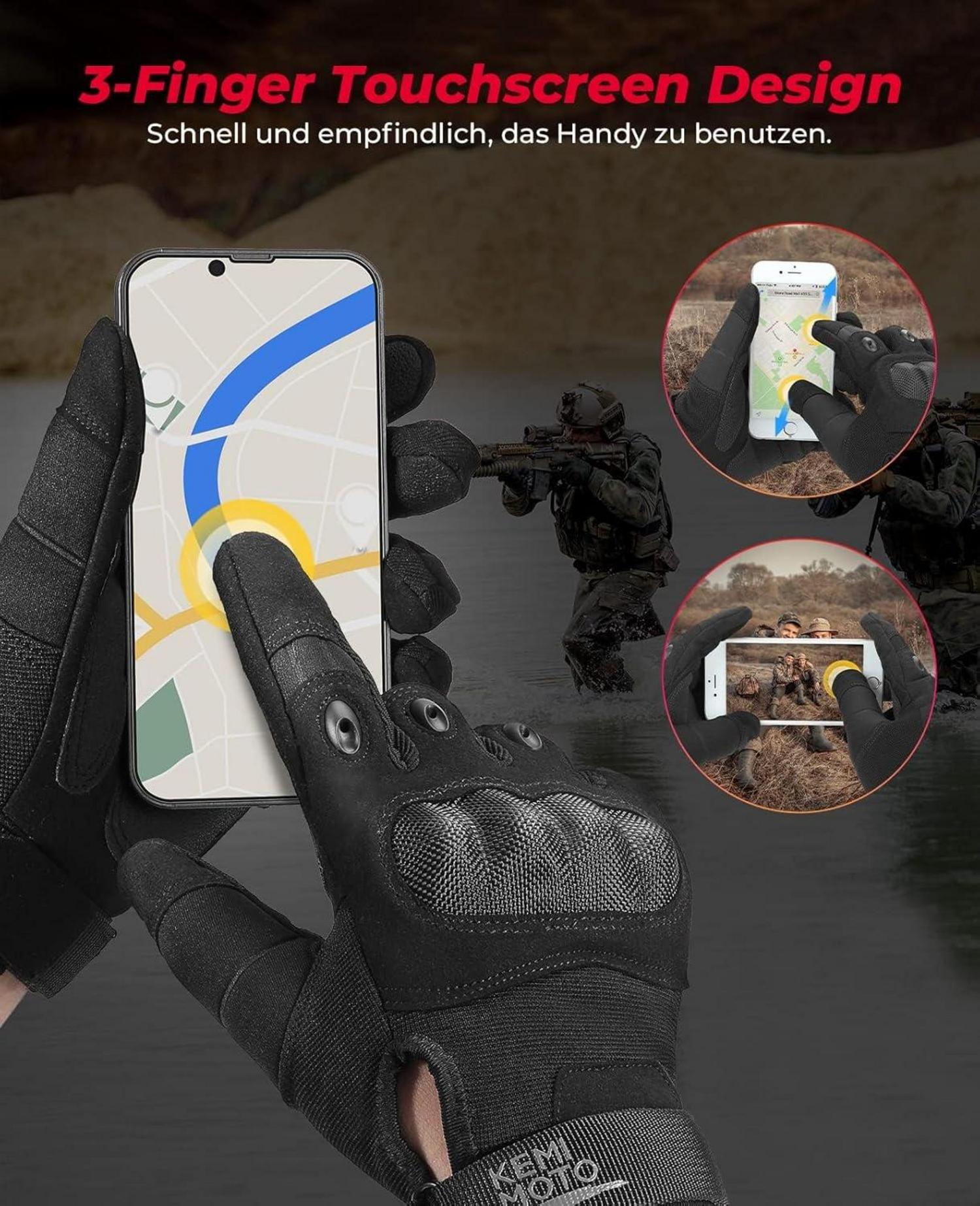 Taktische Motorradhandschuhe mit Kohlefaser Knöchelprotektor, Touchscreen, Atmungsaktiv – Schwarz