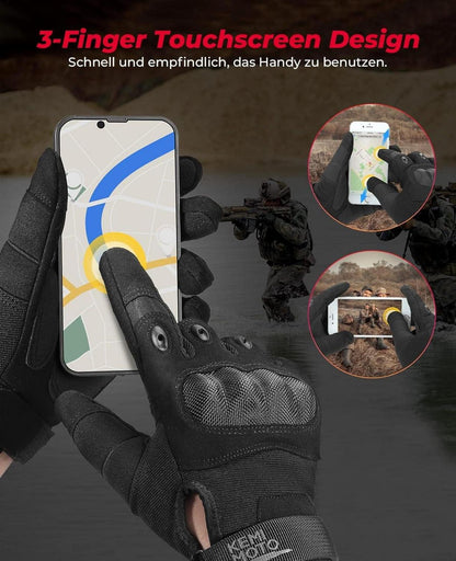 Taktische Motorradhandschuhe mit Kohlefaser Knöchelprotektor, Touchscreen, Atmungsaktiv – Schwarz