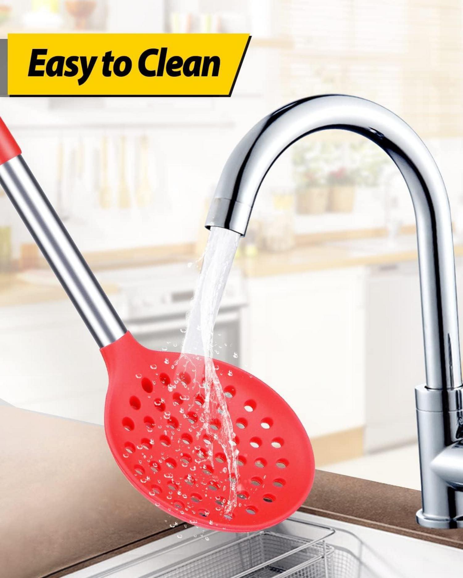 2er Set Küchen Schlitzlöffel Hochhitzebeständiger Skimmer Schwarz Rot