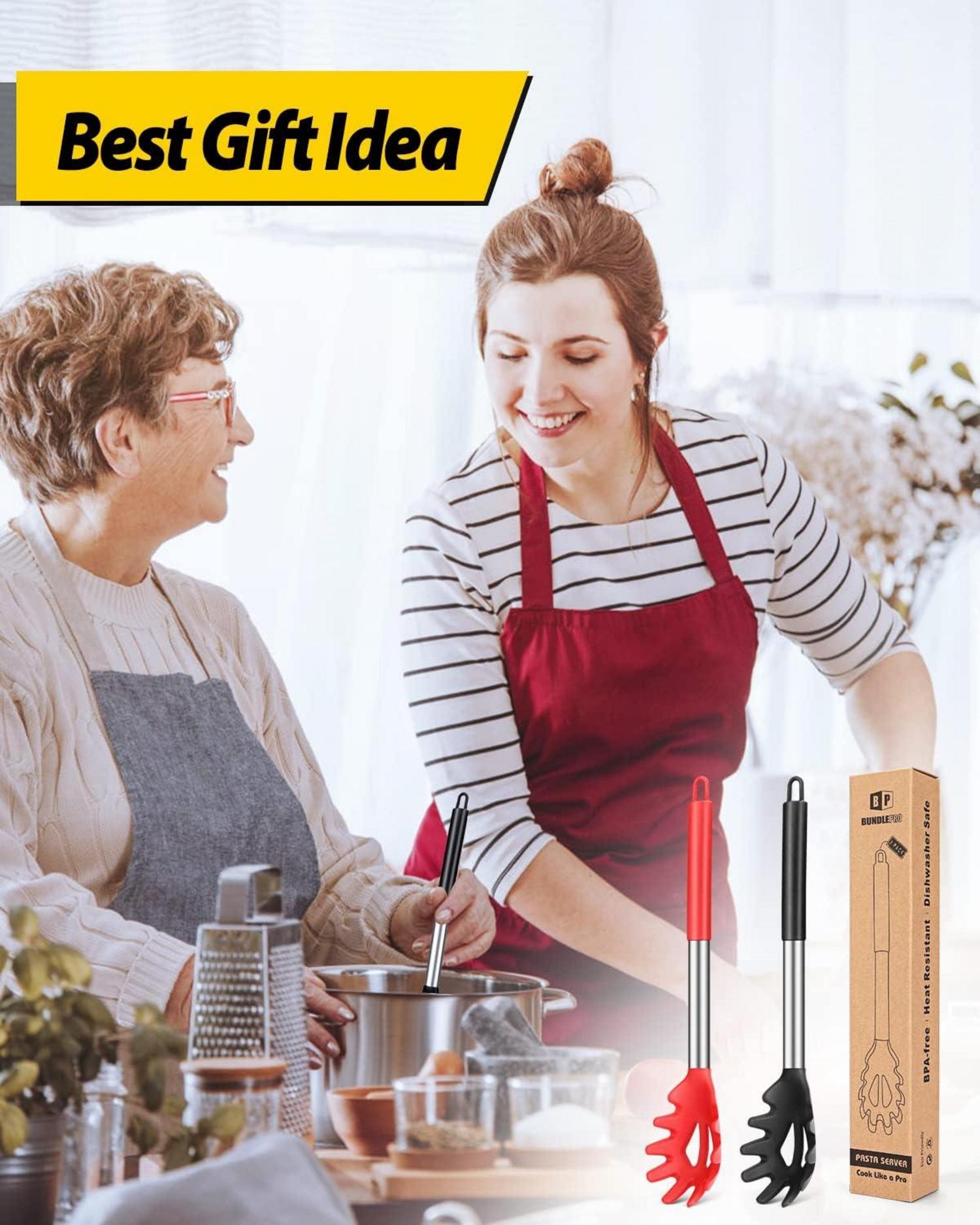 2er Silikon Spaghettilöffel Set Hitzebeständig BPA-frei Schwarz Rot