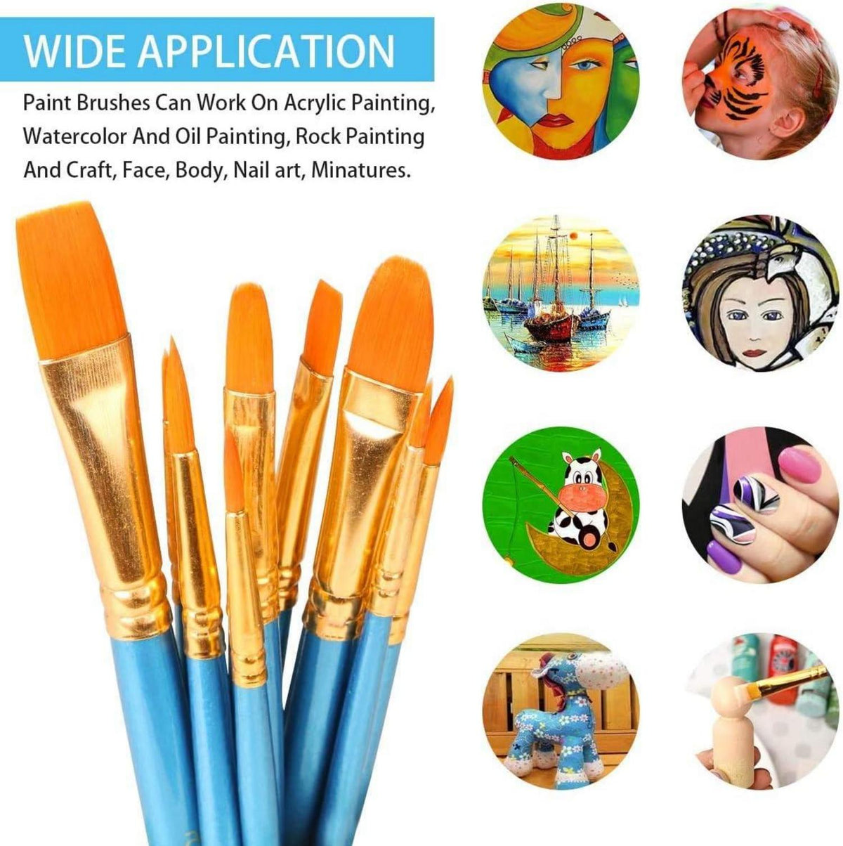 10er Nylon Pinselset für Aquarell, Acryl & Ölgemälde - Malpinsel für Anfänger, Kinder, Künstler - Blau