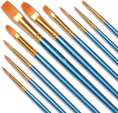 10er Nylon Pinselset für Aquarell, Acryl & Ölgemälde - Malpinsel für Anfänger, Kinder, Künstler - Blau