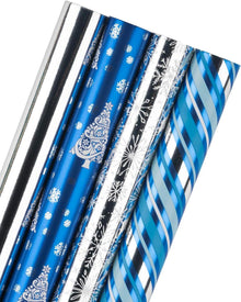 Geschenkpapierrolle Silberne Schneeflocken Blaues Streifenpapier