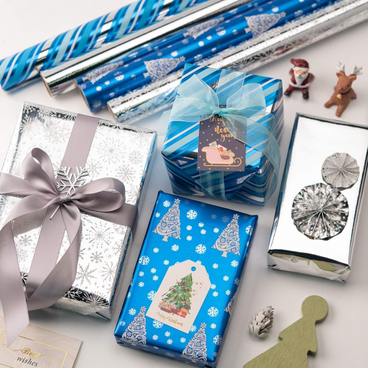 Geschenkpapierrolle Silber Blau Schneeflocke Metallic