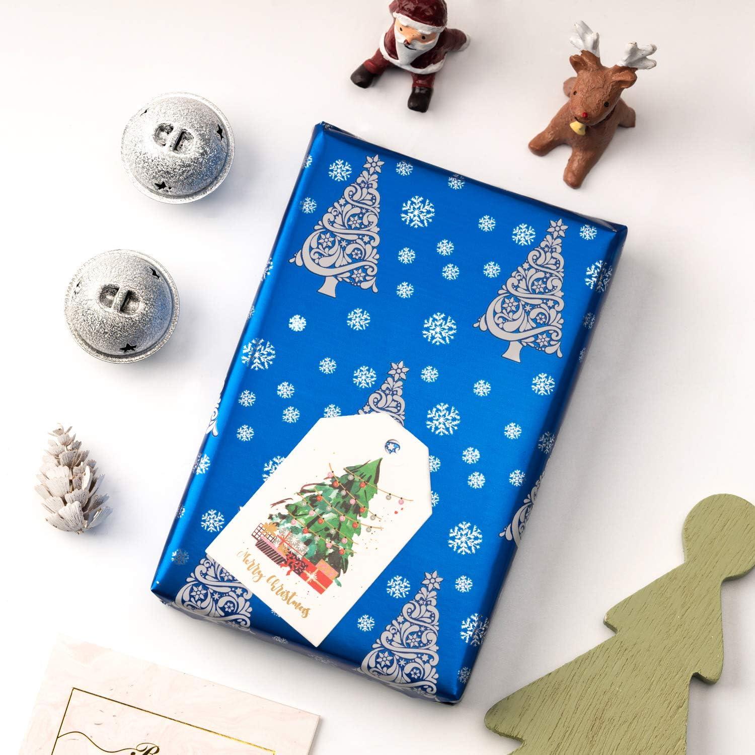 RUSPEPA Geschenkpapierrolle - Silberne Schneeflocke & Blaues Glitter Metallic Folie - 4 Rollen