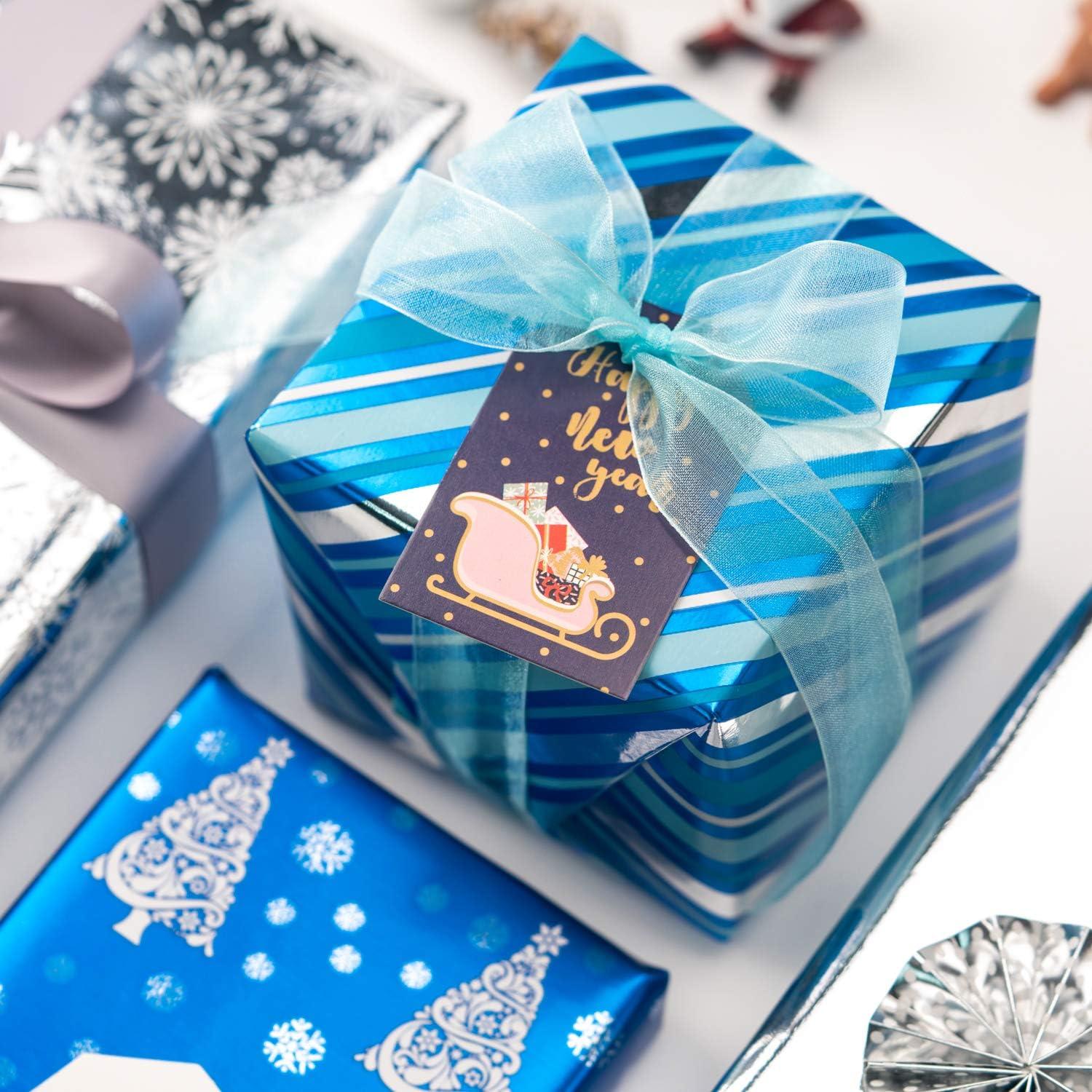 Weihnachtsgeschenkpapierrolle Silberne Schneeflocken Blau Streifen Glitter