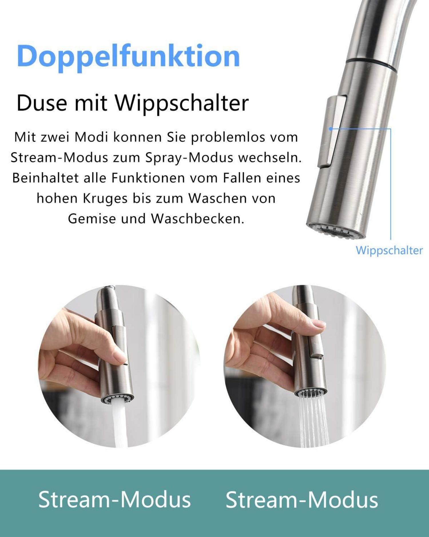 TIMACO Küchenarmatur mit Ausziehbarer Brause 360° Schwenkbar Nickelfarben