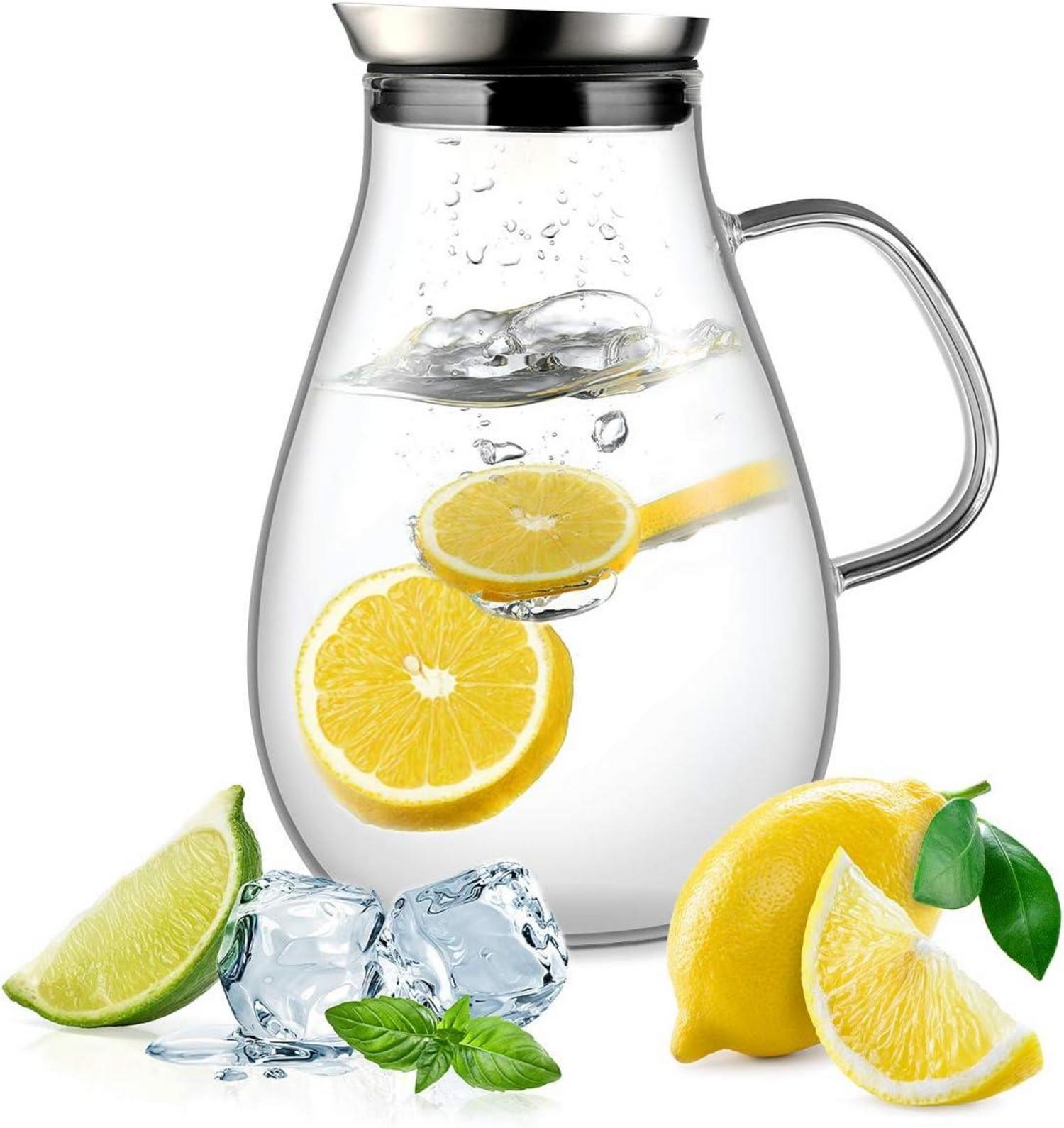 Glaskaraffe Borosilikatglas Wasserkaraffe Edelstahl Deckel 2L