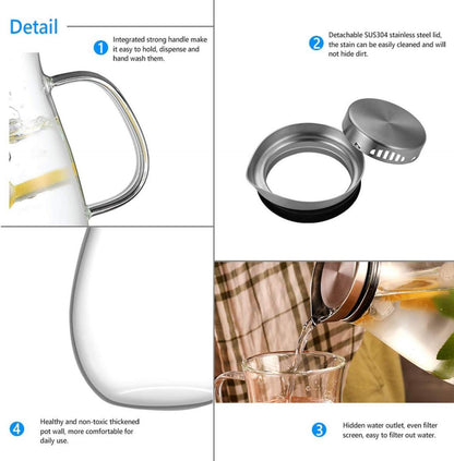 Glaskaraffe Borosilikatglas Wasserkaraffe Edelstahl Deckel 2L