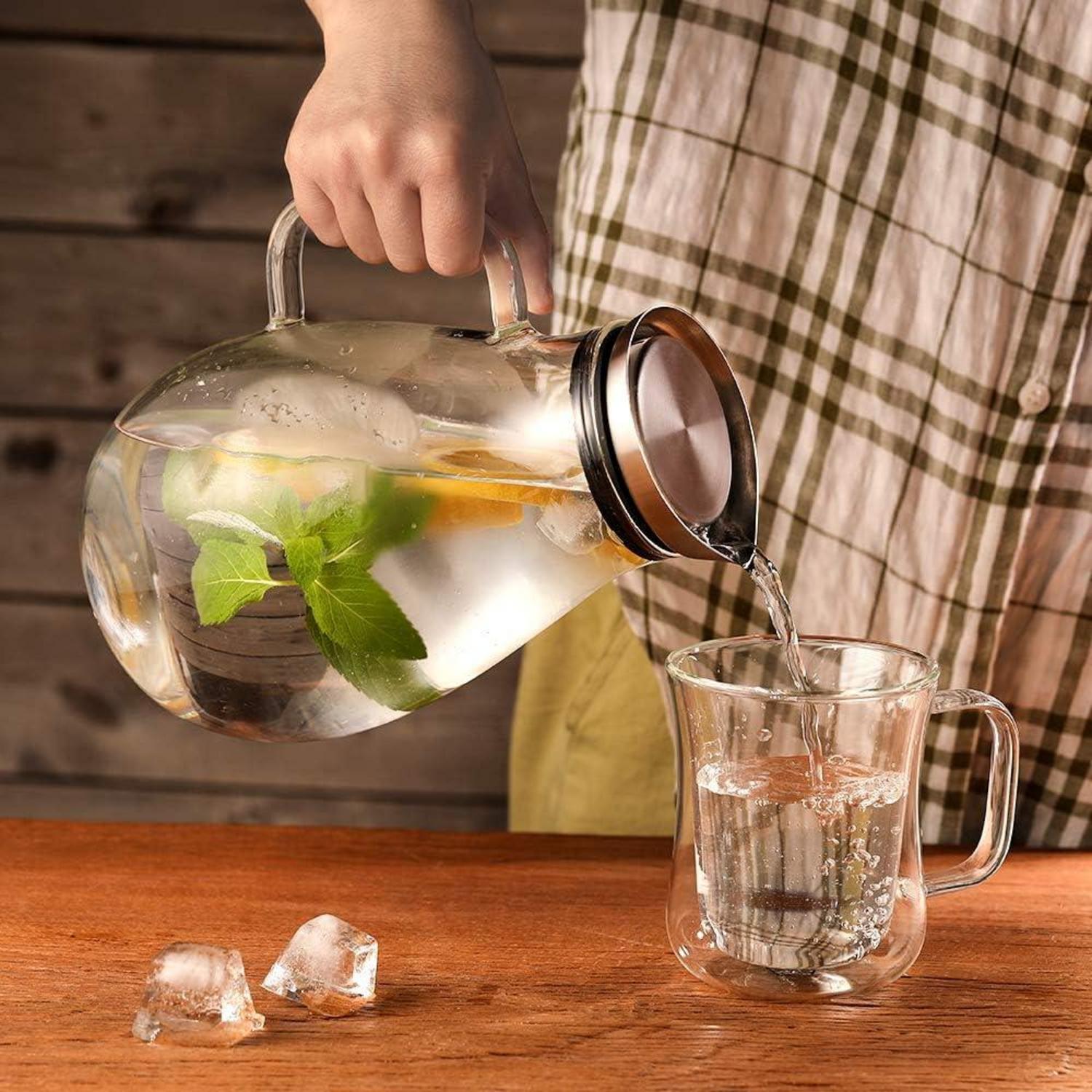 Glaskaraffe Wasserkrug Borosilikatglas Edelstahl Deckel 2L