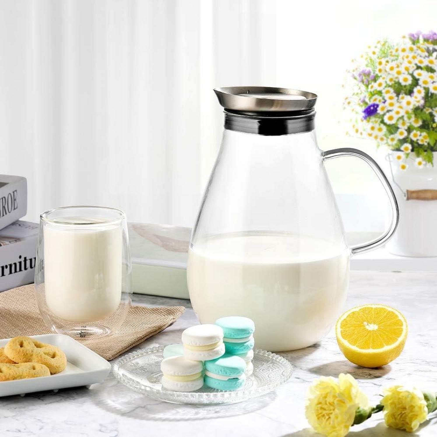 Glaskaraffe Borosilikatglas Wasserkrug Edelstahl Deckel 2L Herrlich