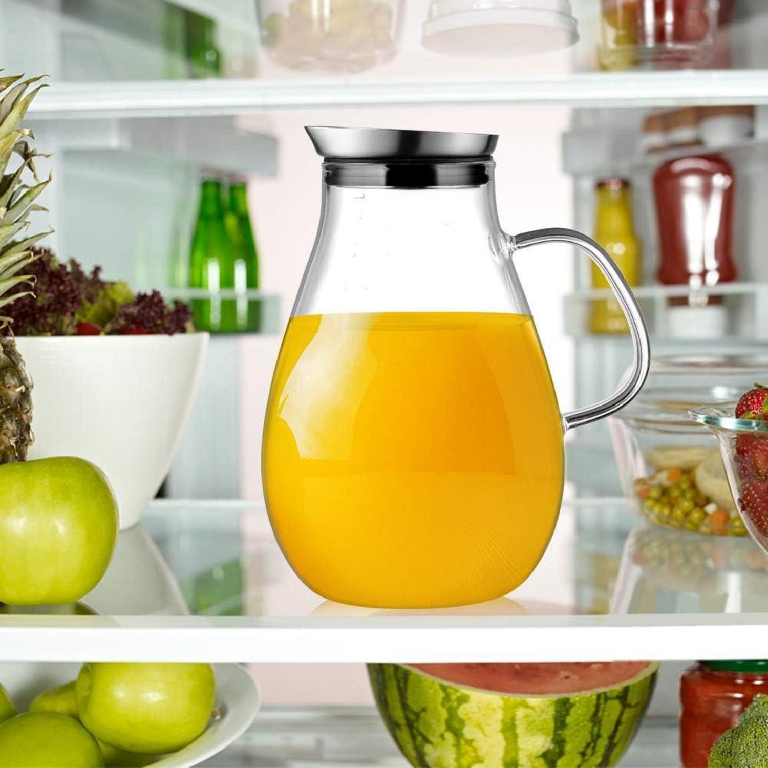 Glaskaraffe Wasserkrug Borosilikatglas Edelstahl Deckel 2L