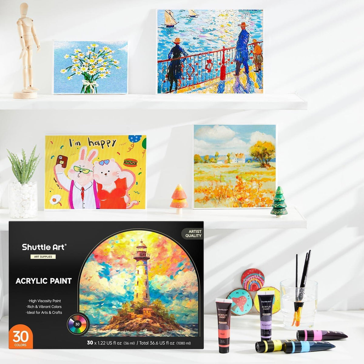 Shuttle Art Acrylfarben Set, 30 Farben je 36ml, 3 Pinsel, ungiftig, säurefrei, wasserfest, für Künstler, Anfänger, Erwachsene