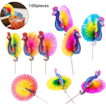 Party Zubehör Cocktail Deko Sticks 100 Stück Papier Pfau