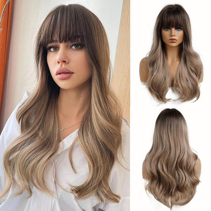 24 Zoll Lockenperücke Dunkelblond mit Pony – Hitzebeständig & Natürlich