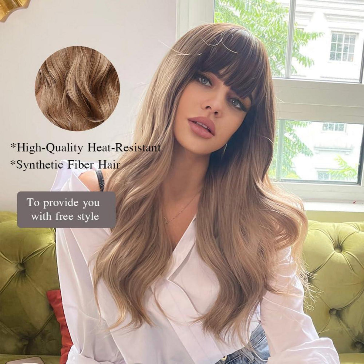 24 Zoll Lockenperücke Dunkelblond mit Pony – Hitzebeständig & Natürlich